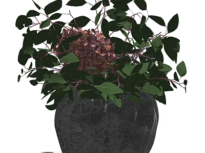 Elegant Textured Stone Vase With Purple Flowers And Green Leaves 3d model