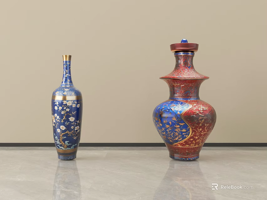 Blue And Red Ceramic Vessels With Intricate Patterns On Tabletop 3d model