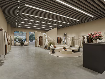 Modern Retail Store Interior With Clothing Racks Sofa Area Fresh Flowers And Ceiling Lights 3d model