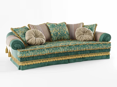 Traditional Green And Beige Two Seater Sofa With Patterned Cushions Decorative Armrests And Fringed Base 3d model