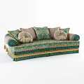 Traditional Green And Beige Two Seater Sofa With Patterned Cushions Decorative Armrests And Fringed Base