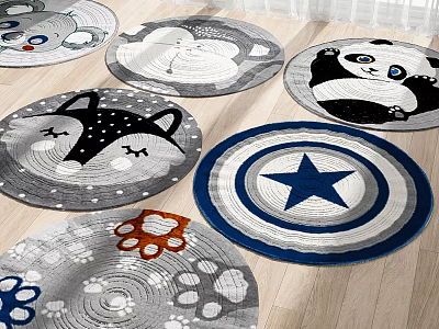 Cute Round Rug with Animal Prints Star Shield and Paw Patterns 3d model