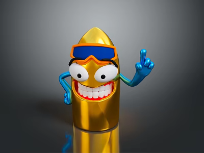 Golden Cartoon Bullet Character With Blue Goggles Smiling Face And Gesturing Arms 3d model