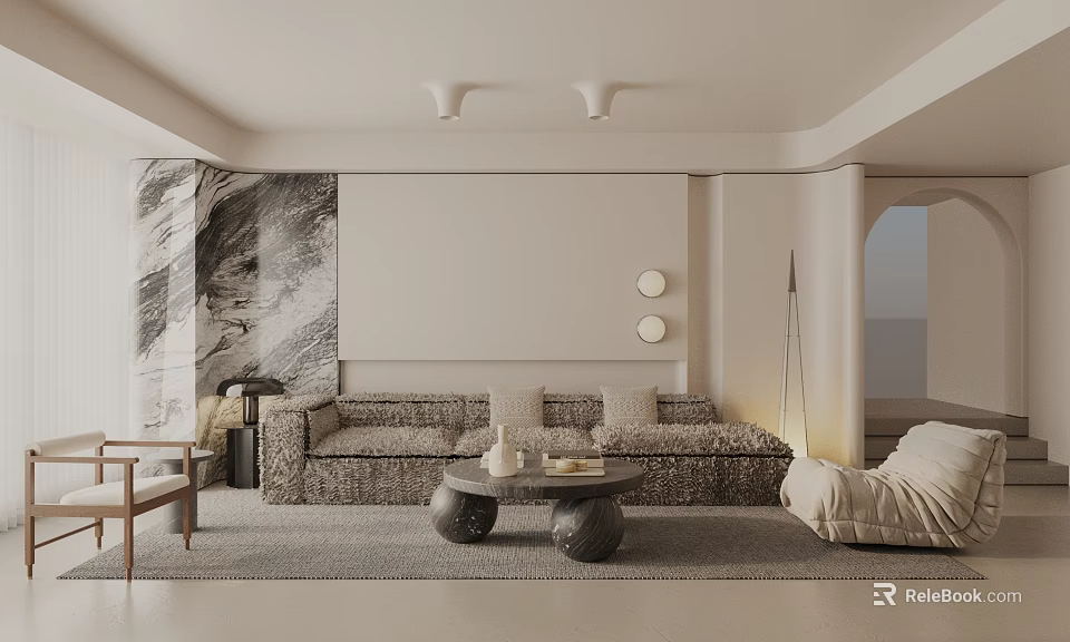 Modern Minimalist Living Room Interior With Textured Sofa Stone Coffee Table And Wooden Chair 3d model 