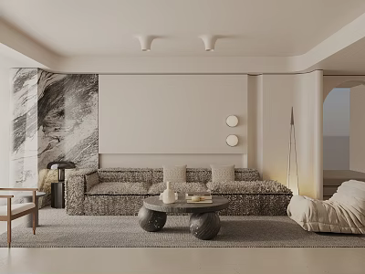 Modern Minimalist Living Room Interior With Textured Sofa Stone Coffee Table And Wooden Chair 3d model