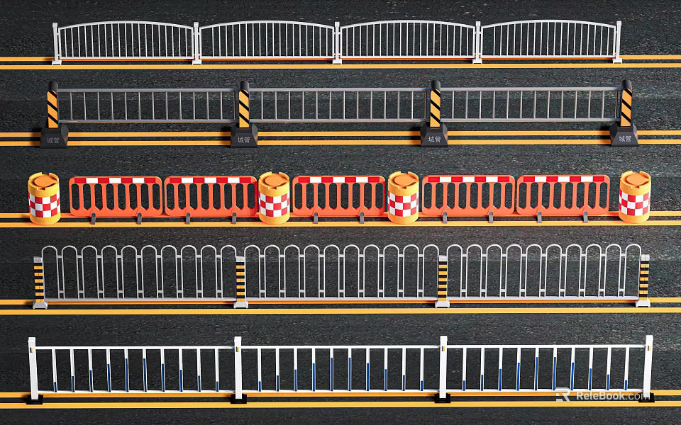 Various Road Railings With Orange Barriers And Red White Traffic Dividers On Street 3d model 
