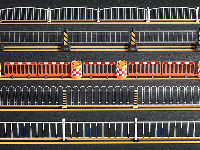 Various Road Railings With Orange Barriers And Red White Traffic Dividers On Street 3d model