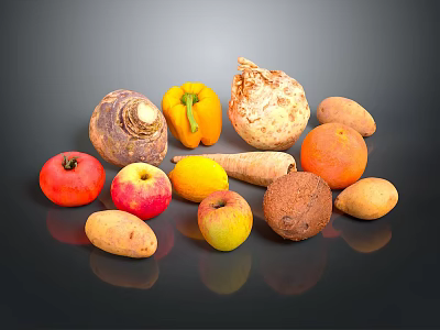 Colorful Fresh Fruits And Vegetables Assortment With Apples Oranges Bell Pepper And Root Vegetables 3d model