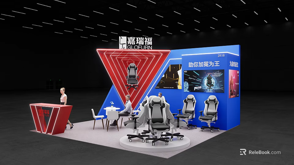 Exhibition Booth With Blue Structure Red Triangle Decoration Gaming Chairs Display Screens And Tables 3d model 