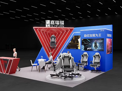 Exhibition Booth With Blue Structure Red Triangle Decoration Gaming Chairs Display Screens And Tables 3d model