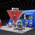 Exhibition Booth With Blue Structure Red Triangle Decoration Gaming Chairs Display Screens And Tables