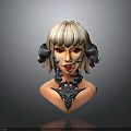 Mythical Character Head Sculpture With Black Ram Horns Blonde Hair Red Lips And Intricate Necklace