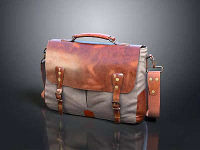 Stylish Leather Fabric Messenger Bag With Brown Accents Gray Body Leather Straps Metal Buckles Handle 3d model
