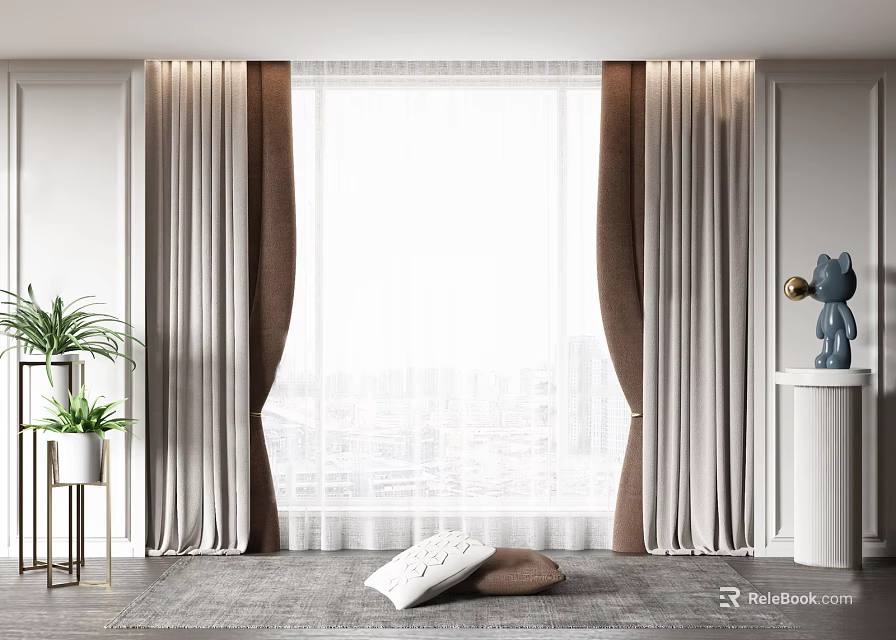 Modern Minimalist Beige And Brown Curtains For Indoor Window With Potted Plant And Rug 3d model 