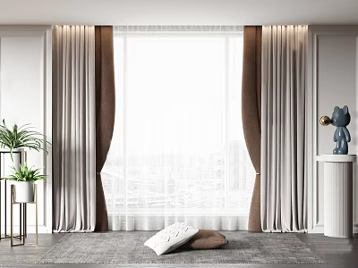 Modern Minimalist Beige And Brown Curtains For Indoor Window With Potted Plant And Rug 3d model