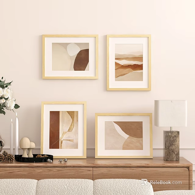 Golden Picture Frames with Abstract Art in Warm Tones for Wall Display with Wooden Furniture 3d model 