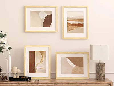 Golden Picture Frames with Abstract Art in Warm Tones for Wall Display with Wooden Furniture 3d model