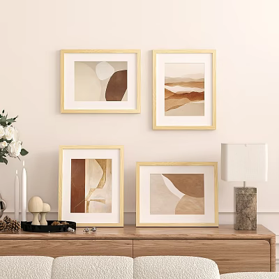Golden Picture Frames with Abstract Art in Warm Tones for Wall Display with Wooden Furniture 3d model