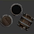 Three Wooden Barrels Featuring Metal Hoops And Tap Faucet Design