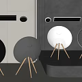 Modern Round Design Speakers in Black and White with Wooden Tripod Base