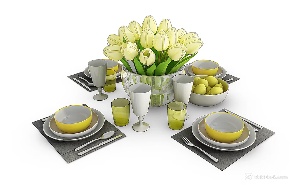 Elegant Table Dinnerware Set with Yellow Tulips Plates Bowls Glasses and Placemats 3d model 