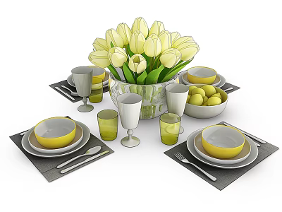 Elegant Table Dinnerware Set with Yellow Tulips Plates Bowls Glasses and Placemats 3d model