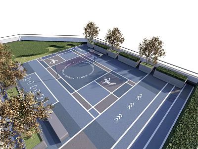 Outdoor Multi Sport Court Sports Equipment With Tennis Facilities Ground Markings Benches And Trees 3d model