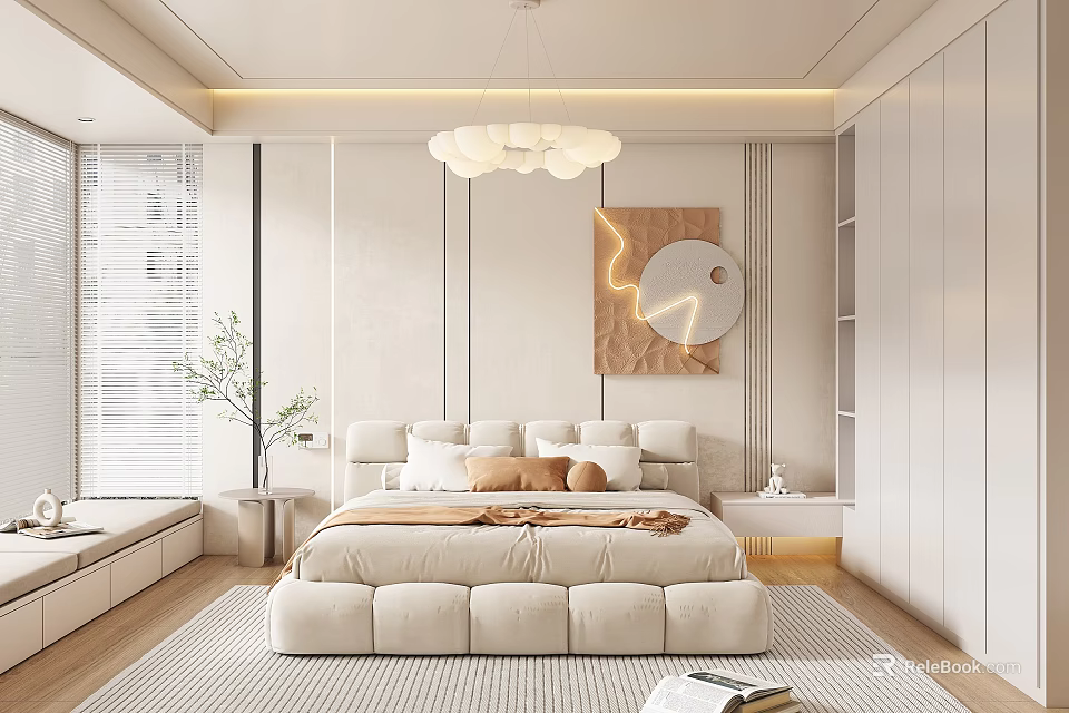 Modern Bedroom Interior With White Bed Pillows Chandelier Circular Art And Blinds 3d model 