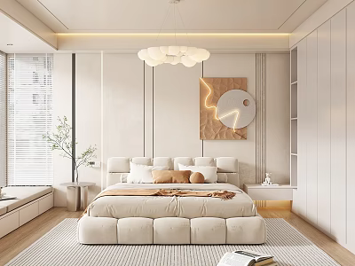 Modern Bedroom Interior With White Bed Pillows Chandelier Circular Art And Blinds 3d model