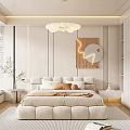Modern Bedroom Interior With White Bed Pillows Chandelier Circular Art And Blinds