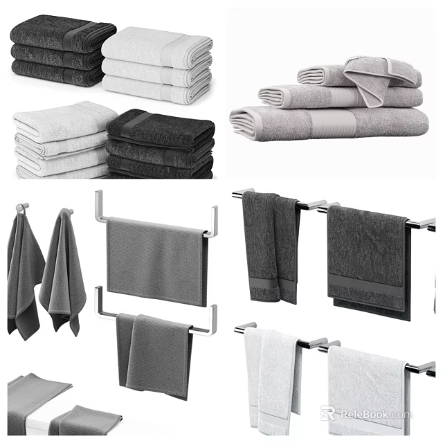 Soft Premium Cotton Towels Stacked And Hanging In Black White Grey On Racks 3d model 