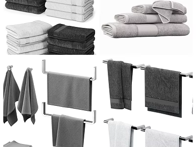 Soft Premium Cotton Towels Stacked And Hanging In Black White Grey On Racks 3d model