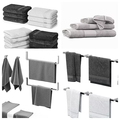 Soft Premium Cotton Towels Stacked And Hanging In Black White Grey On Racks 3d model
