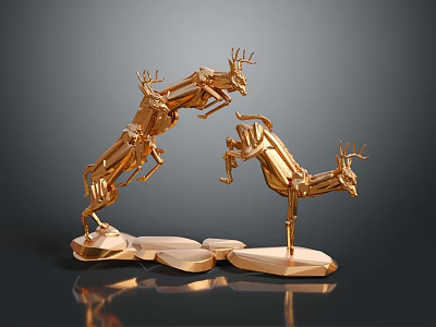 Golden Decorative Deer Sculptures In Jumping Poses With Three Deer On Irregular Base 3d model