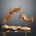 Golden Decorative Deer Sculptures In Jumping Poses With Three Deer On Irregular Base 3d model