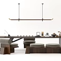 Modern Wooden Tea Table And Chairs With Round Cushioned Seats And Tea Accessories
