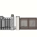 Modern Entrance Gate Featuring Wrought Iron Decorations Dark Brown Vertical Slats And Golden Pillar Accents
