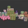 Household Storage Essentials Including Stacked Wooden Crates Barrels Boxes And Sacks