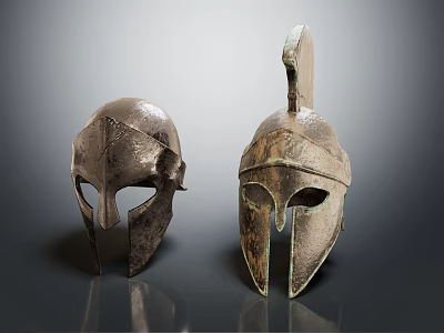 Ancient Greek Metallic Helmets With Historical Designs And Distinct Ornate Details 3d model