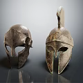 Ancient Greek Metallic Helmets With Historical Designs And Distinct Ornate Details
