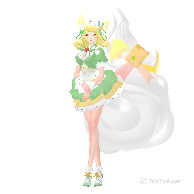 Fantasy Female Character in Green White Dress with Yellow Hair and White Floating Companion Creature 3d model 