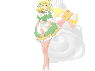 Fantasy Female Character in Green White Dress with Yellow Hair and White Floating Companion Creature 3d model
