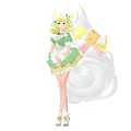 Fantasy Female Character in Green White Dress with Yellow Hair and White Floating Companion Creature