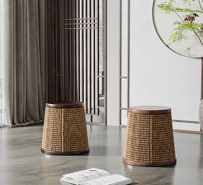 Modern Chinese Style Rattan Stools In Interior With Wooden Tops And Decorative Screen 3d model