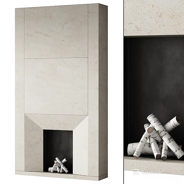 Modern Fireplace Design With White Stone Exterior And Black Interior With Birch Logs 3d model 