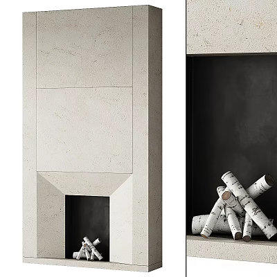 Modern Fireplace Design With White Stone Exterior And Black Interior With Birch Logs 3d model