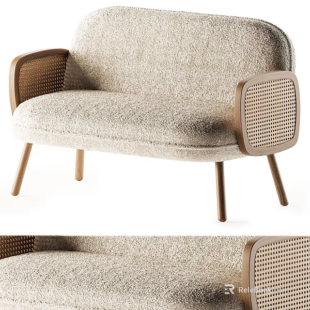 Modern Textured Fabric Two-Seater Sofa With Woven Armrests And Wooden Legs 3d model 