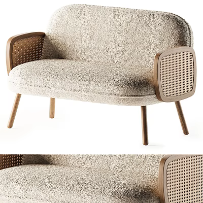 Modern Textured Fabric Two-Seater Sofa With Woven Armrests And Wooden Legs 3d model