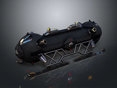 Black Submarine Model With Detailed Structure And Metallic Support Frame 3d model