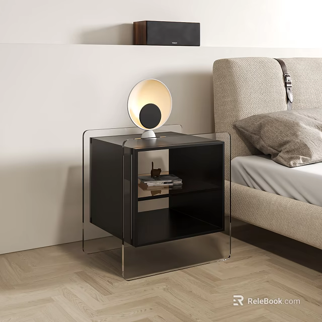 Modern Black Nightstand with Transparent Frame and Round Table Lamp Beside Bed 3d model 